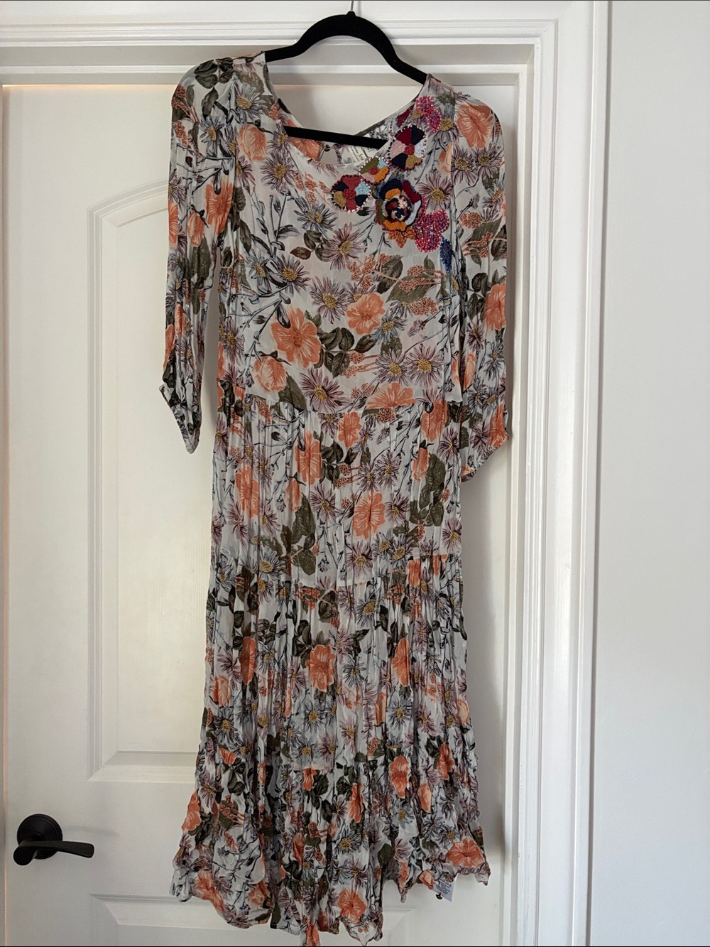 Anthropologie Meadow Rue Peach & Olive Floral Tiered Midi Dress
